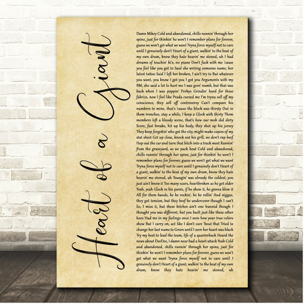 Polo G Heart of a Giant Rustic Script Song Lyric Print