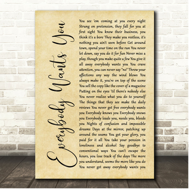 Billy Squier Everybody Wants You Rustic Script Song Lyric Print