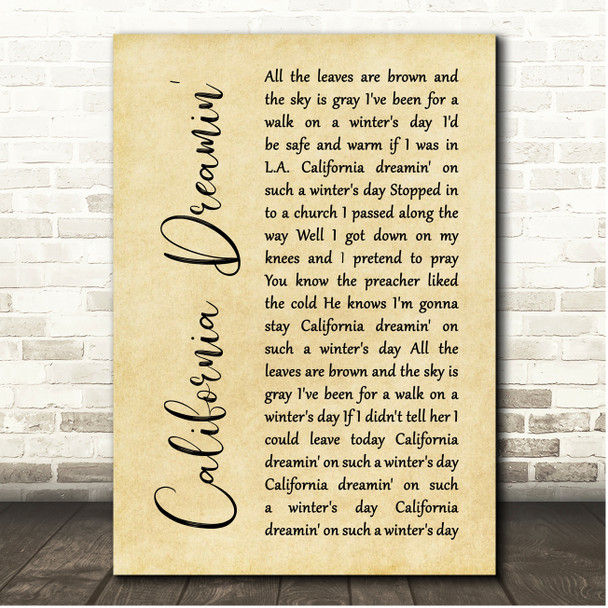 The Mamas And The Papas California Dreamin' Rustic Script Song Lyric Print