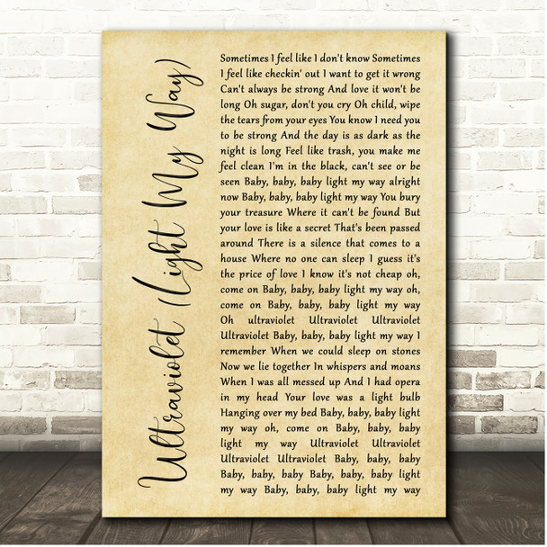 U2 Ultraviolet (Light My Way) Rustic Script Song Lyric Print