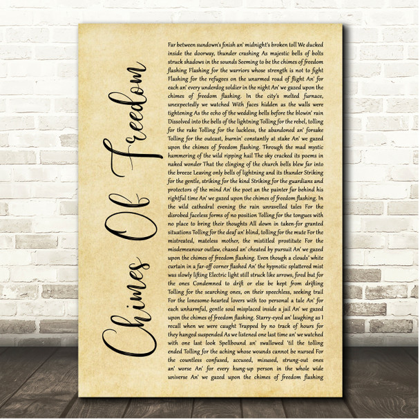 Bob Dylan Chimes Of Freedom Rustic Script Song Lyric Print