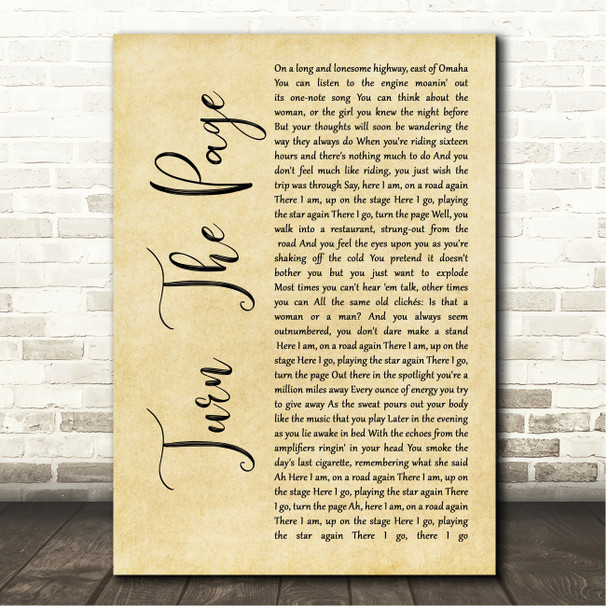 Bob Seger Turn The Page Rustic Script Song Lyric Print