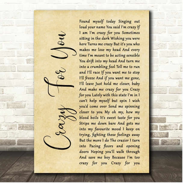 Adele Crazy For You Rustic Script Song Lyric Print
