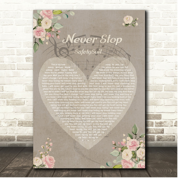 SafetySuit Never Stop Shabby Chic Floral Heart Grey Song Lyric Print