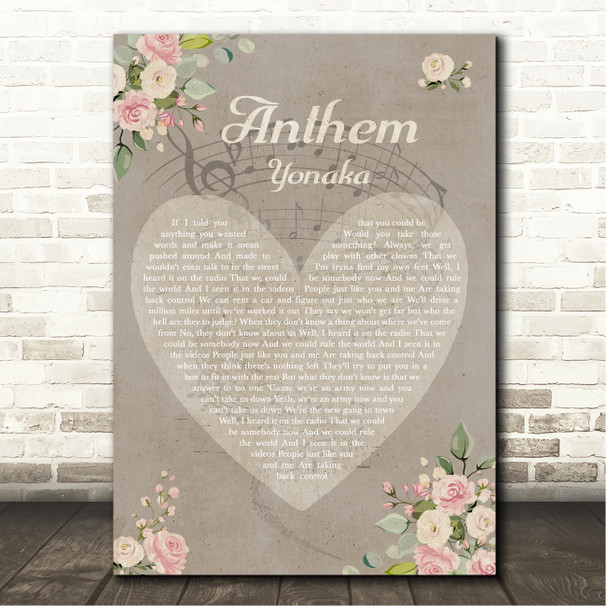 YONAKA Anthem Shabby Chic Floral Heart Grey Song Lyric Print