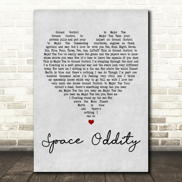 David Bowie Space Oddity Grey Heart Song Lyric Quote Print