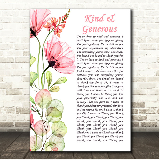 Natalie Merchant Kind & Generous Poppy Flower Script Song Lyric Print