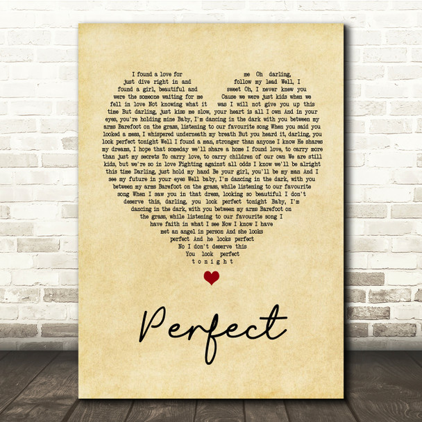 Ed Sheeran & Beyonce Perfect Vintage Heart Song Lyric Quote Print