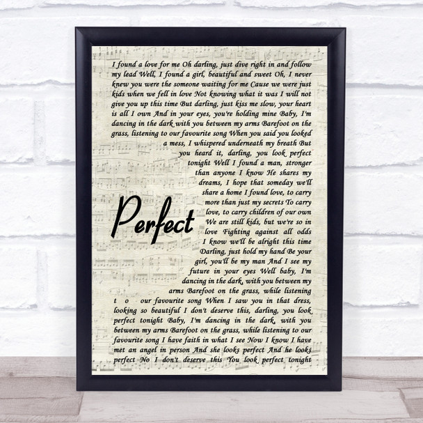 Ed Sheeran & Beyonce Perfect Vintage Script Song Lyric Quote Print