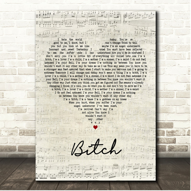Meredith Brooks Bitch Script Heart Song Lyric Print
