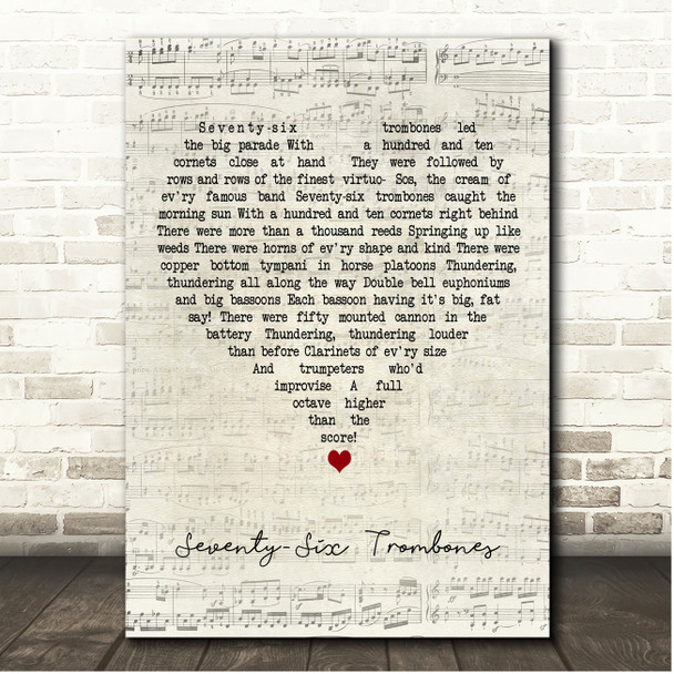 Meredith Willson Seventy-Six Trombones Script Heart Song Lyric Print