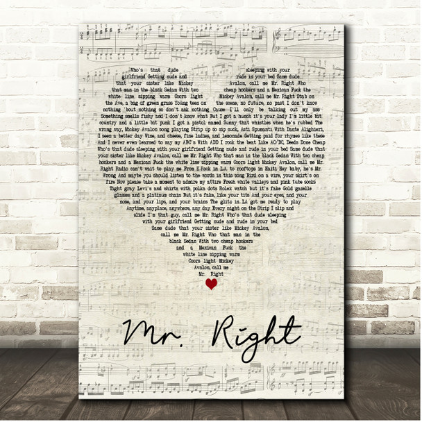 Mickey Avalon Mr. Right Script Heart Song Lyric Print