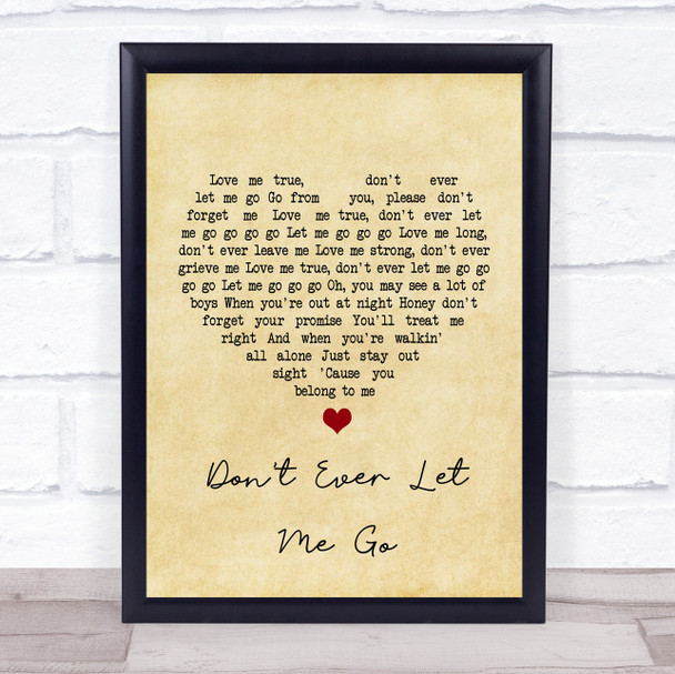 Eddie Cochran Don't Ever Let Me Go Vintage Heart Song Lyric Quote Print