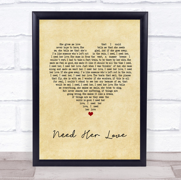 Electric Light Orchestra Need Her Love Vintage Heart Song Lyric Quote Print