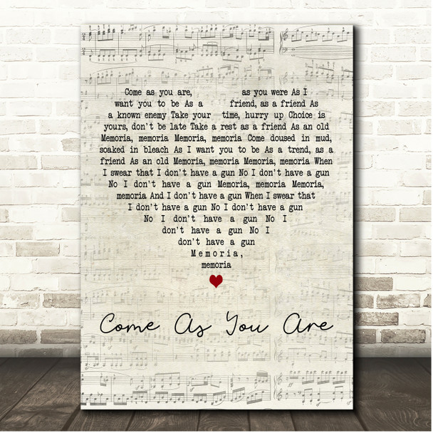 Nirvana Come As You Are Script Heart Song Lyric Print