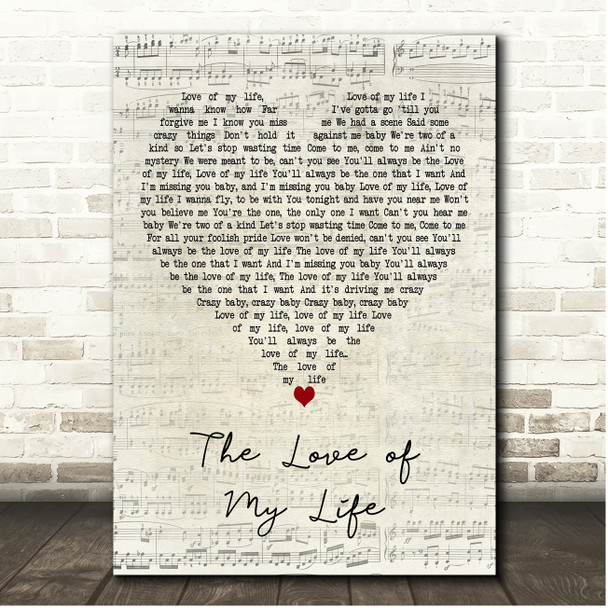 Pandora The Love of My Life Script Heart Song Lyric Print