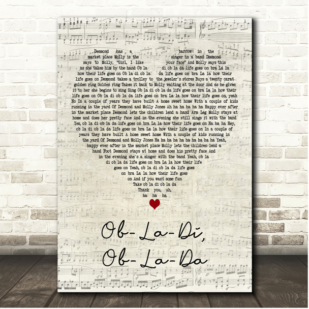 The Beatles Ob-La-Di, Ob-La-Da Script Heart Song Lyric Print