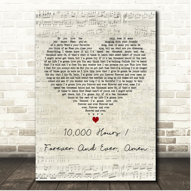 Caleb and Kelsey 10,000 Hours Forever And Ever, Amen Script Heart Song Lyric Print