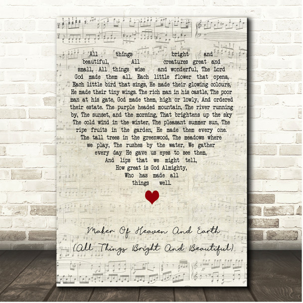 Cecil Frances Alexander Maker Of Heaven And Earth (All Things Bright And Beautiful) Script Heart Song Lyric Print
