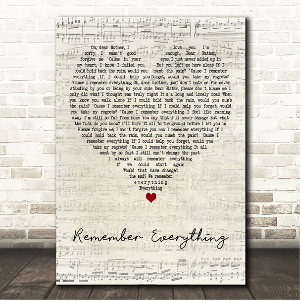 Five Finger Death Punch Remember Everything Script Heart Song Lyric Print