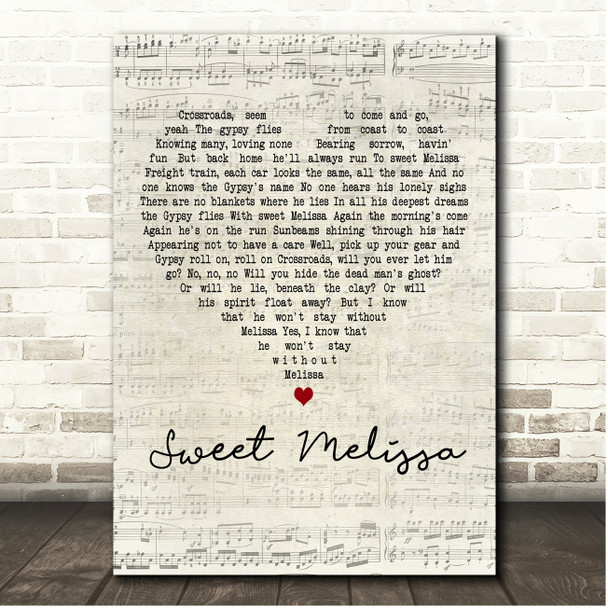 Allman Brothers Sweet Melissa Script Heart Song Lyric Print