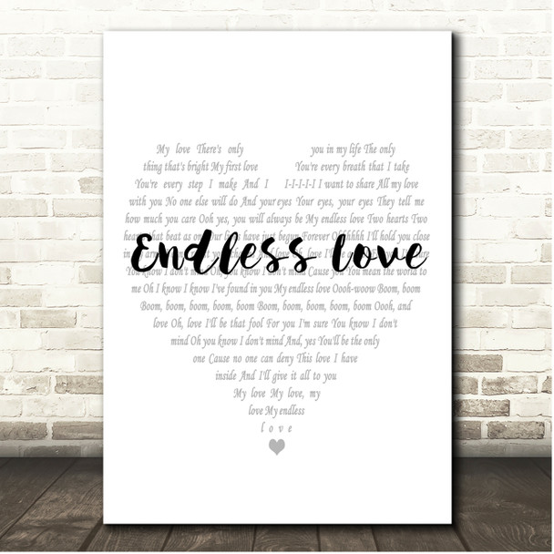 Lionel Richie & Diana Ross Endless Love Simple Heart Pale Grey Song Lyric Print