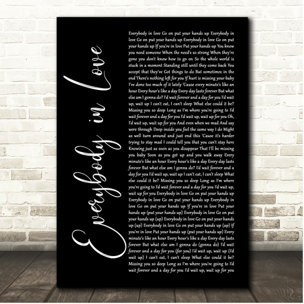 JLS Everybody in Love Black Script Song Lyric Print