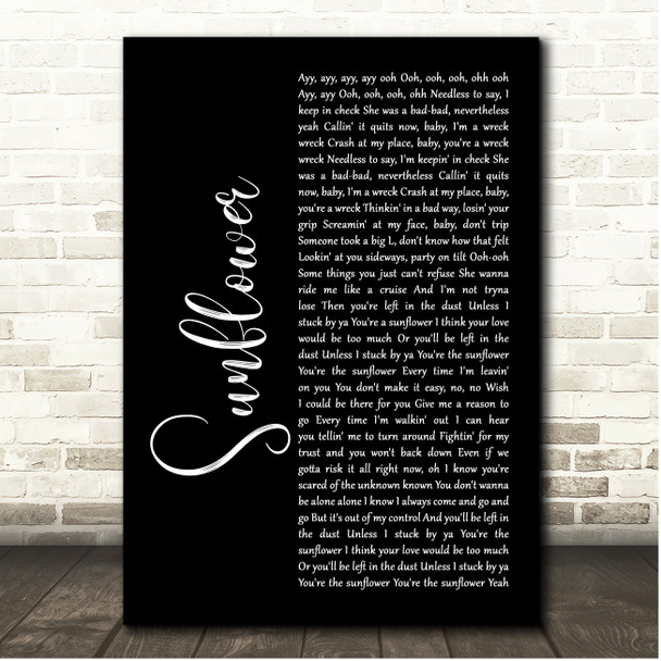 Post Malone & Swae Lee Sunflower Black Script Song Lyric Print