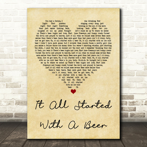 Frankie Ballard It All Started With A Beer Vintage Heart Song Lyric Quote Print