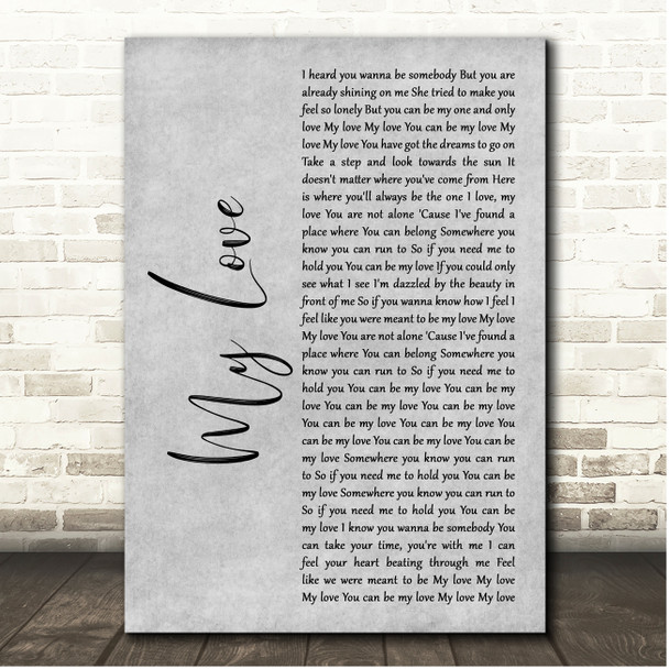 Cher My Love Grey Rustic Script Song Lyric Print