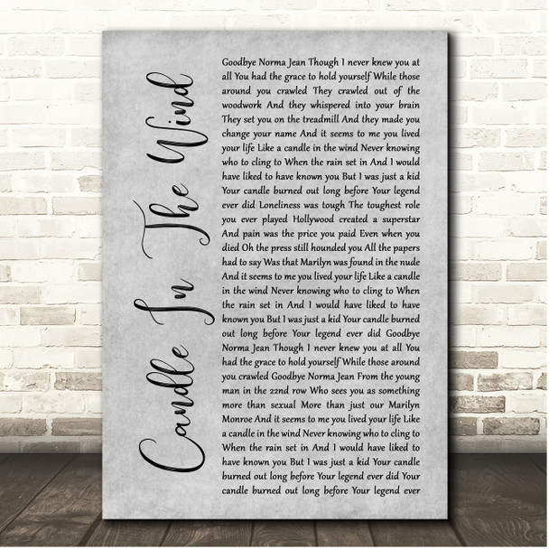 Elton John Candle In The Wind Grey Rustic Script Song Lyric Print