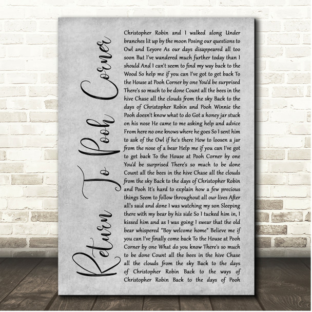 Kenny Loggins Return To Pooh Corner Grey Rustic Script Song Lyric Print