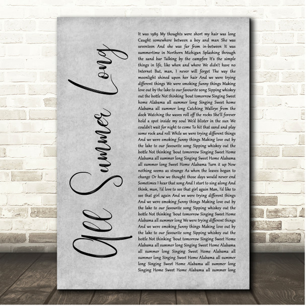 Kid Rock All Summer Long Grey Rustic Script Song Lyric Print