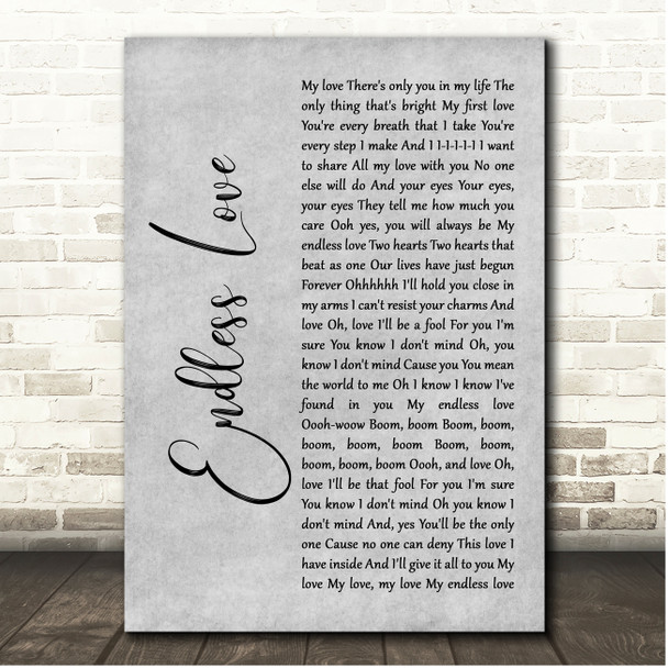 Lionel Richie & Diana Ross Endless Love Grey Rustic Script Song Lyric Print