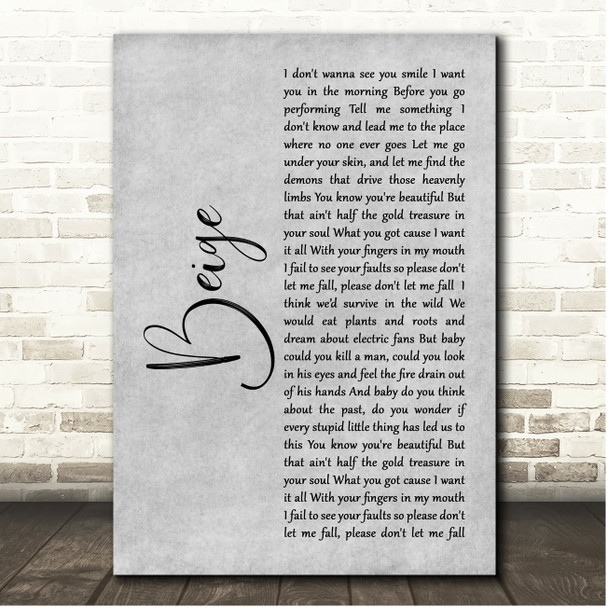 Yoke Lore Beige Grey Rustic Script Song Lyric Print