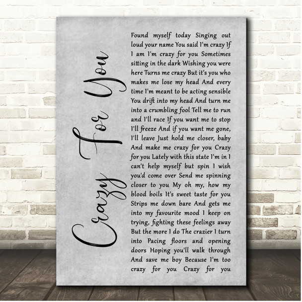 Adele Crazy For You Grey Rustic Script Song Lyric Print