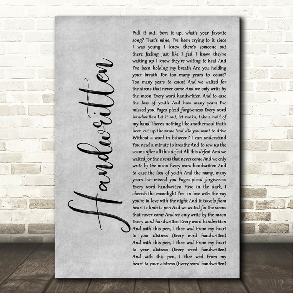 Brian Fallon Handwritten Grey Rustic Script Song Lyric Print