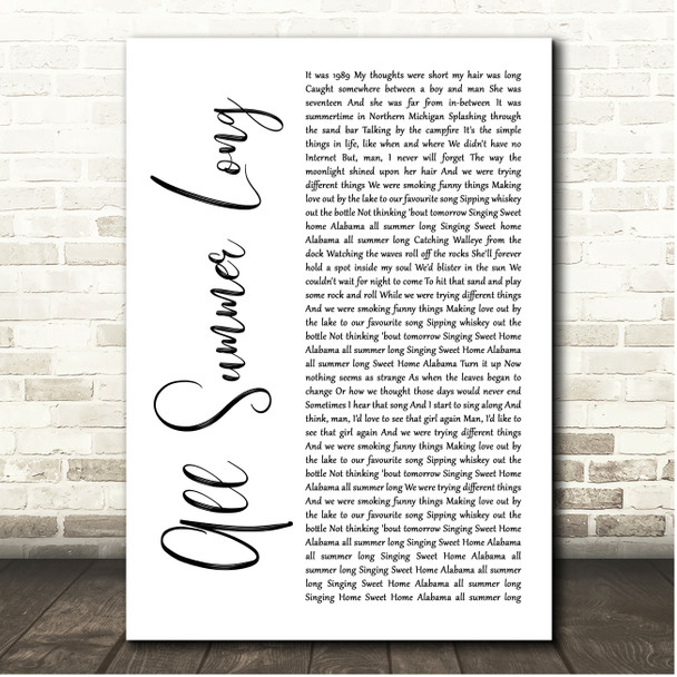 Kid Rock All Summer Long White Script Song Lyric Print