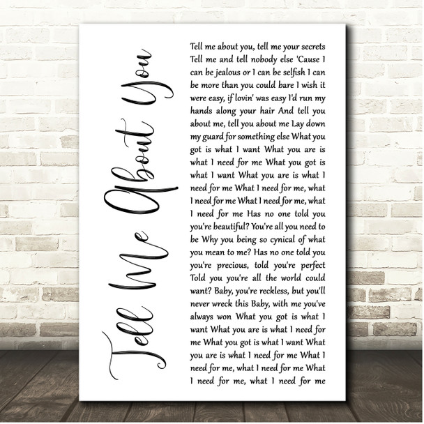 Kina, Mishaal Tell Me About You White Script Song Lyric Print