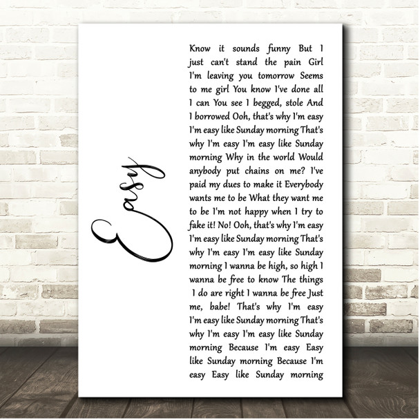 Lionel Richie Easy White Script Song Lyric Print