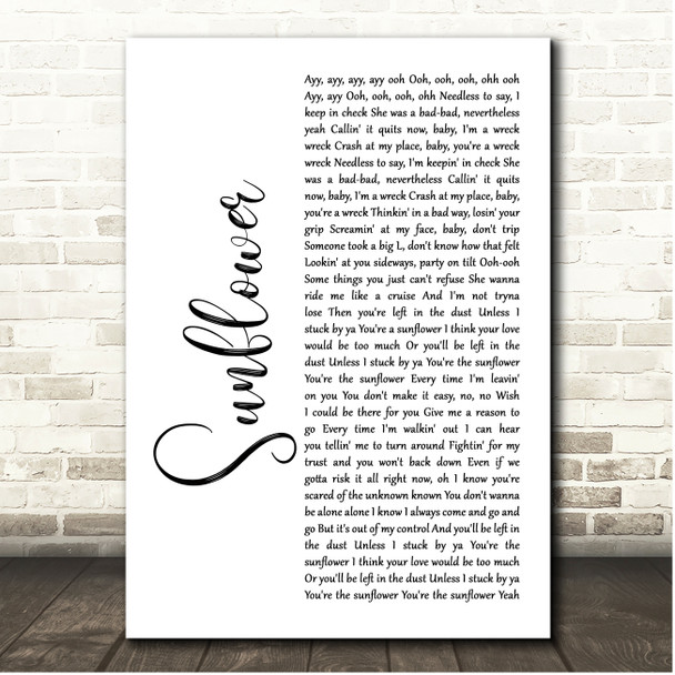 Post Malone & Swae Lee Sunflower White Script Song Lyric Print