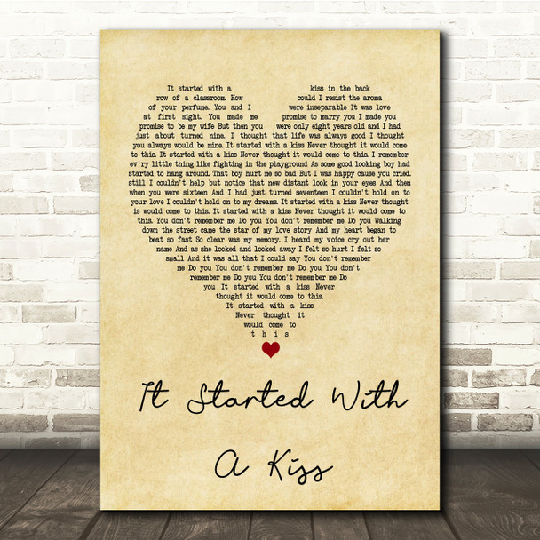 Hot Chocolate It Started With A Kiss Vintage Heart Song Lyric Quote Print