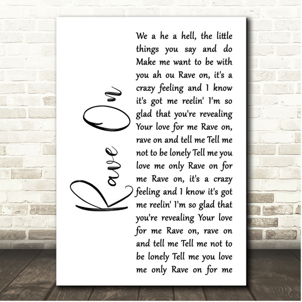 Buddy Holly Rave On White Script Song Lyric Print