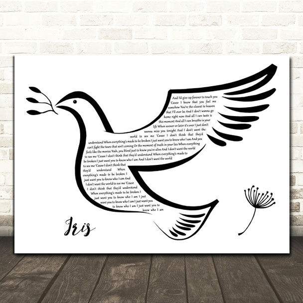Goo Goo Dolls Iris Black & White Dove Bird Song Lyric Print