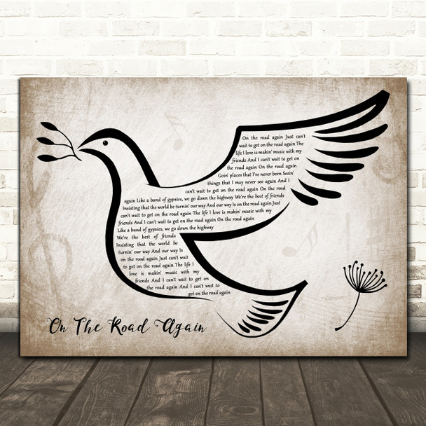 Willie Nelson On The Road Again Vintage Dove Bird Song Lyric Print