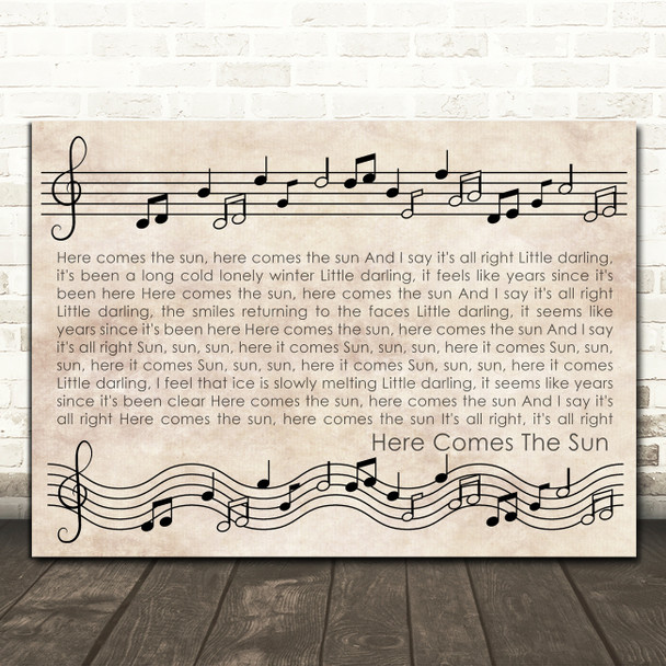 The Beatles Here Comes The Sun Vintage Music Notes Script Song Lyric Print