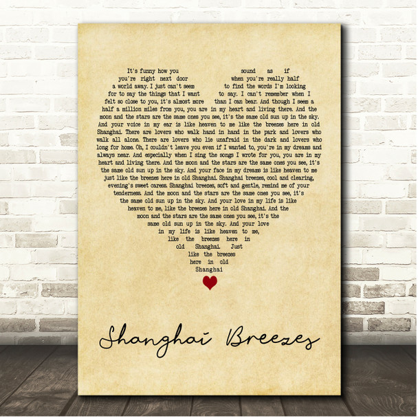 John Denver Shanghai Breezes Vintage Heart Song Lyric Print