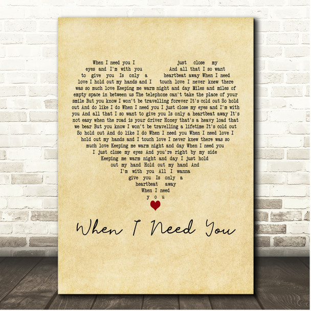 Julio Iglesias When I Need You Vintage Heart Song Lyric Print