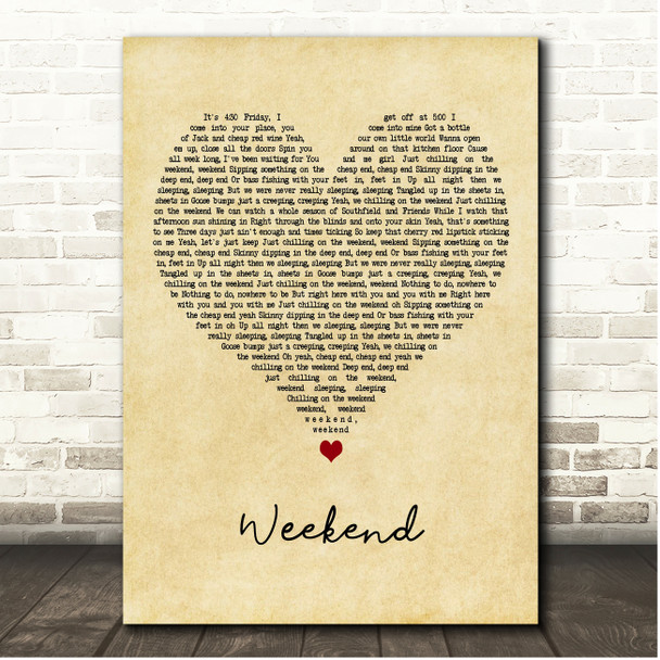 Kane Brown Weekend Vintage Heart Song Lyric Print