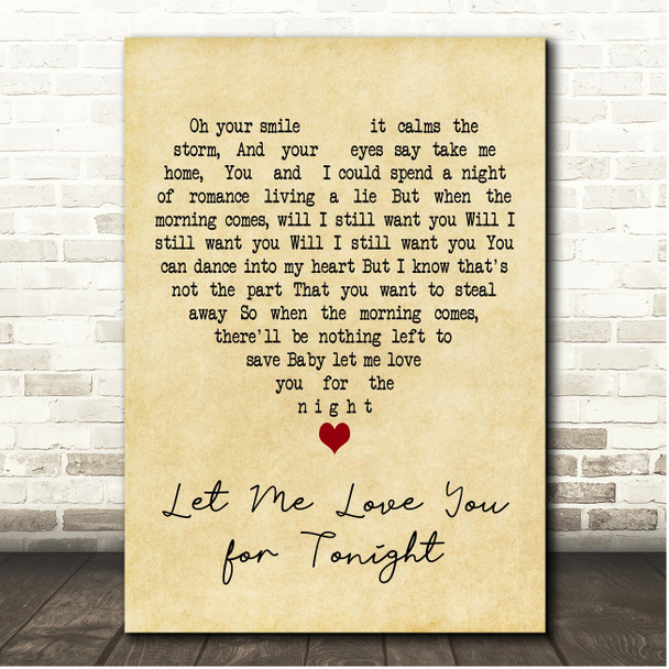 Kariya Let Me Love You for Tonight Vintage Heart Song Lyric Print